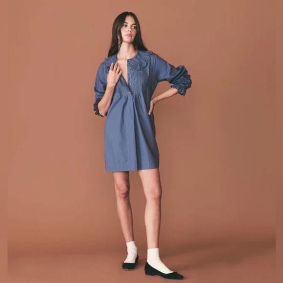 Doen Nerona Cotton Eyelet Ruffle Collar Long Sleeve Dress Atlantic Blue - Picture 5 of 12